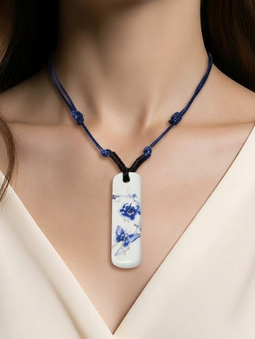 Blue & White Porcelain Butterfly Necklace | Artisan Chinese Ceramic Tile Pendant